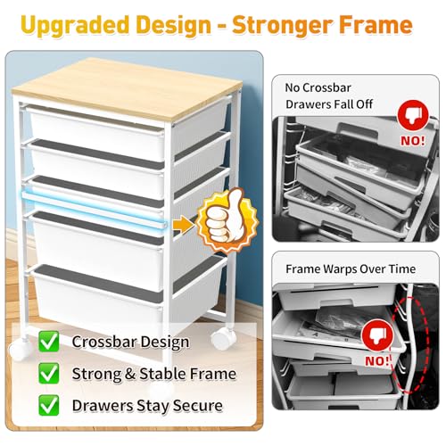 SUNALLY Rolling Carts With 5 Drawers, Storage Drawer Carts for Craft, White - color: White
