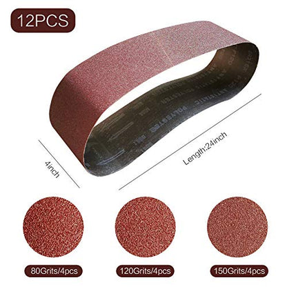 4x24 4 x 24 Sanding Belt Pack 4-Inch x 24-Inch,12 Pcs(4 Each of 80 120 150 Grits) Aluminum Oxide for Sander - size: 4x24in