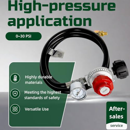 5FT High Pressure Propane Regulator with Gauge - 0-30PSI Adjustable Output - Heavy Duty PVC Hose - for Turkey Fryers, Burners, Smokers & Outdoor Cooking - CSA Certified - size: 5FT Black Hose