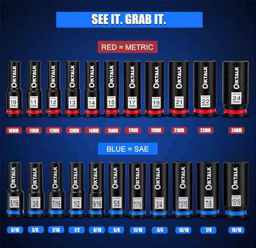 22 PCS 1/2" Drive Impact Deep Socket Set CR-MO 6-Point Deep Well Socket Set - size: 22PCS SAE/Metric