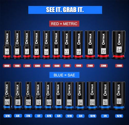 22 PCS 1/2" Drive Impact Deep Socket Set CR-MO 6-Point Deep Well Socket Set - size: 22PCS SAE/Metric