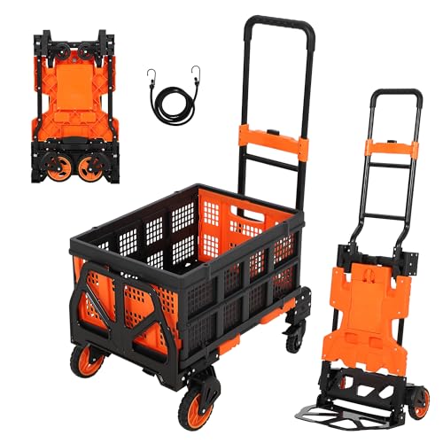 Versatile 2-in-1 Folding Hand Truck Dolly – Collapsible Basket, Retractable Handle, 4 Wheels – Heavy Duty Moving and Shopping Platform, 330 Lb Capacity, Foldable and Compact for Easy Storage - color: Orange