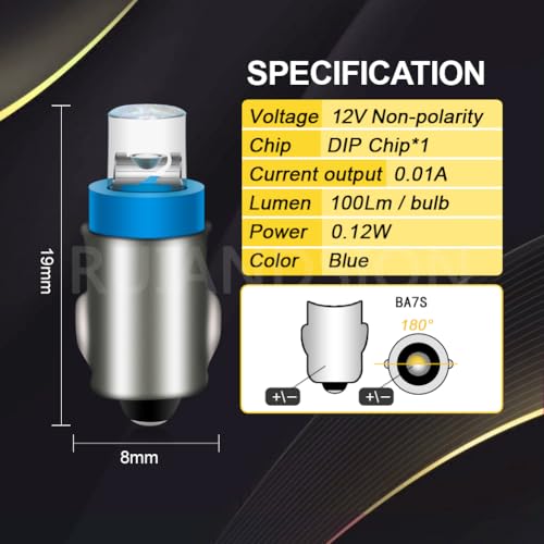Ruiandsion BA7S 12V Mini LED Bulb for Car Dash Light – Blue - color: Blue