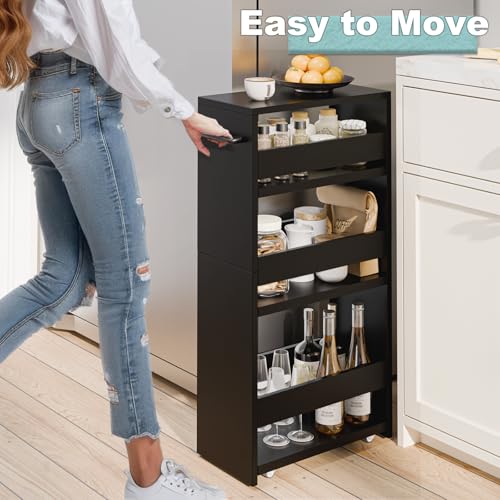 MARTY Slim Rolling Storage Cart, Wood Utility Kitchen Bathroom Laundry Cart - color: All Black, size: 7.9"D x 15.75"W x 31.5"H