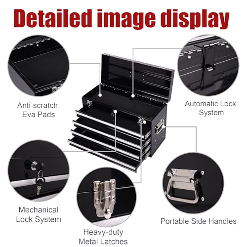 Heavy Duty Metal Tool Box, 21-inch, Portable Metal Tool Box with 4 Drawers, Small Tool Chest with EVA Liners, Ball Bearing Slide Drawers Locking & Powder Coated Finish, Multi-Function Tool Organizer - color: Tool Box-black