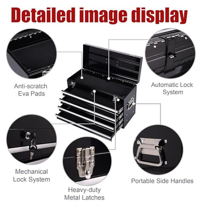 Heavy Duty Metal Tool Box, 21-inch, Portable Metal Tool Box with 4 Drawers, Small Tool Chest with EVA Liners, Ball Bearing Slide Drawers Locking & Powder Coated Finish, Multi-Function Tool Organizer - color: Tool Box-black