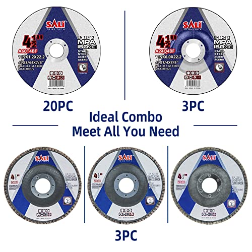 SALI 26pcs Grinding & Cutting Wheels 4.5" Set,Angle Grinder Wheel Set,20pcs Cut Off Wheels,3pcs Grinding Wheel,3pcs 4.5” Flap Discs, with 7/8" Arbor for Angle Grinder for Cutting Grinding