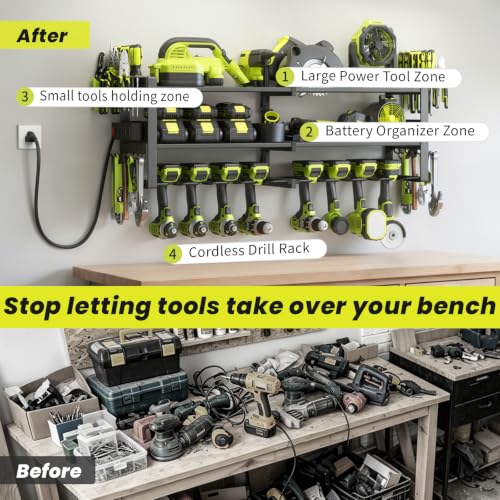 Power Tool Organizer Wall Mount with Charging Station, 8 Drill Holders - size: 32.8" Width 3-Tier