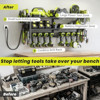 Power Tool Organizer Wall Mount with Charging Station, 8 Drill Holders - size: 32.8" Width 3-Tier