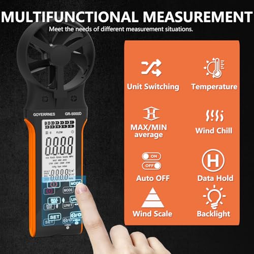 Air Flow & Wind Speed Meter, Handheld CFM Anemometer with Waterproof Touch Button, CFM Meter Gauge Air Velocity Measuring Device for HVAC Outdoor [Rechargeable]