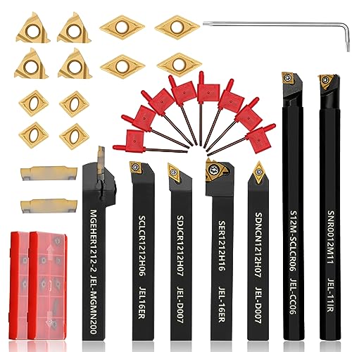 Indexable Lathe Turning Tool 21Pcs Kit 1/2'' 12mm Shank 7 Pcs Metal Lathe Tool Holder Set with 14 Pcs Turning Inserts for Turning Grooving Threading Boring Carbide Inserts Carbide Turning Tool - style: 7pcs 1/2" 12mm holder+14pcs inserts