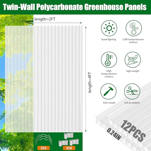 Polycarbonate Greenhouse Panels 12 Pack 4' x 2' x 0.24" Twin-Wall UV-Protected All Weather Plastic Roof Panel Clear Replacement Sheets for Garden Fences, Furniture DIY,Outdoor Roofing - style: 12 Pack 4' x 2' x 0.24"