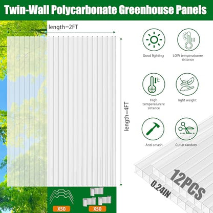 Polycarbonate Greenhouse Panels 12 Pack 4' x 2' x 0.24" Twin-Wall UV-Protected All Weather Plastic Roof Panel Clear Replacement Sheets for Garden Fences, Furniture DIY,Outdoor Roofing - style: 12 Pack 4' x 2' x 0.24"