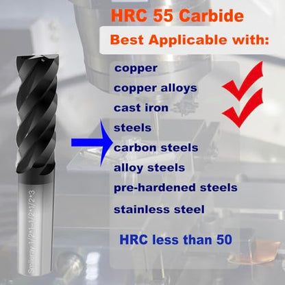 13/64" Carbide Square End Mill Set for Alloy Steels/Hardened Steels, 4 Flute HRC 55 Deg AlTiN Coating End Mill Bits Set, CNC Router Bits (Pack of 5) - size: 13/64 inch