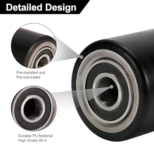 Two Packs of Pallet Jack/Truck Wheels 3” x 3.75” PU Poly Tread, 20mm ID Bearings, Full Set with Axles, Pins and Entry Exit Roller - color: Black