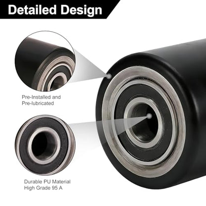 Two Packs of Pallet Jack/Truck Wheels 3” x 3.75” PU Poly Tread, 20mm ID Bearings, Full Set with Axles, Pins and Entry Exit Roller - color: Black