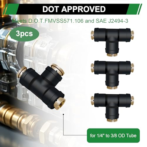 1/4" DOT Air Line Fittings Tee 3PCS, 1/4" OD x 1/4" OD x 3/8" OD - color: 1/4" * 1/4" * 3/8" 3PCS
