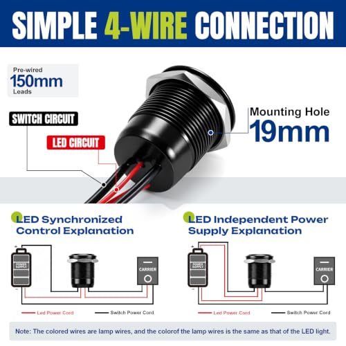 2-Pack 19mm Latching Push Button Switch IP67 20A 12V-24V White - color: White, size: Black shell-Latching