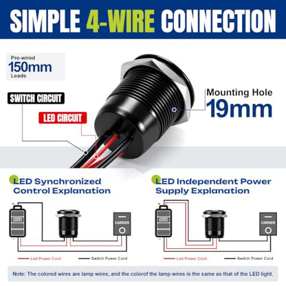 2-Pack 19mm Latching Push Button Switch IP67 20A 12V-24V White - color: White, size: Black shell-Latching