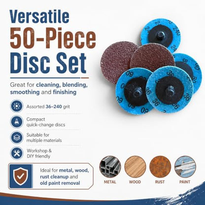 Surface Conditioning Discs, 50 Pcs, 36 60 80 120 240 Grit, Quick Change Abrasive Pads for Polishing, Deburring, Rust and Paint Removal