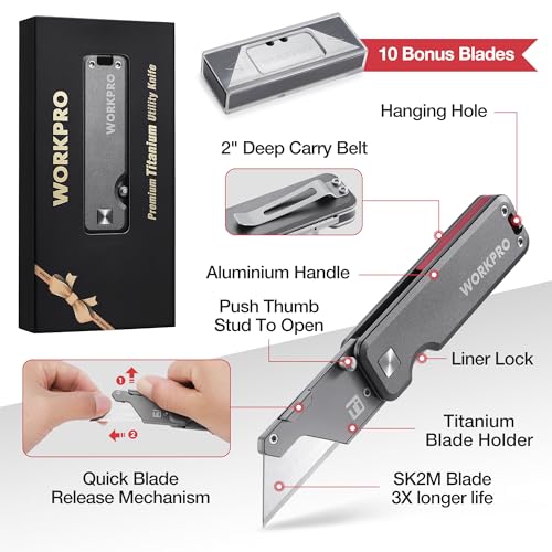 WORKPRO Premium Titanium Utility Knife, CNC Unibody, Lightweight Aluminium Handle Folding Box Cutter, Quick Change Blade Razor Knife,Ideal Gifts for Men Women, with 10 Extra Blades - color: Gray