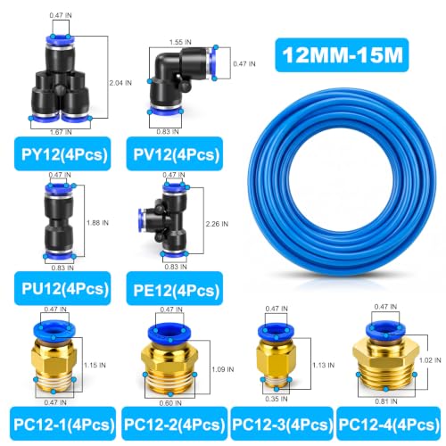 34PCS Blue PU Air Hose Pipe Tube Kit, 12mm OD 8mm ID, 50FT - color: Blue, size: 12mm OD x 50FT