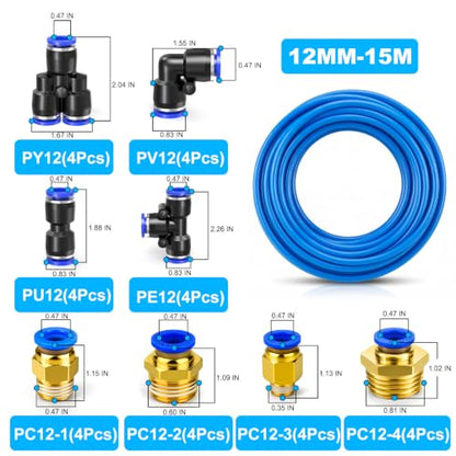 34PCS Blue PU Air Hose Pipe Tube Kit, 12mm OD 8mm ID, 50FT - color: Blue, size: 12mm OD x 50FT