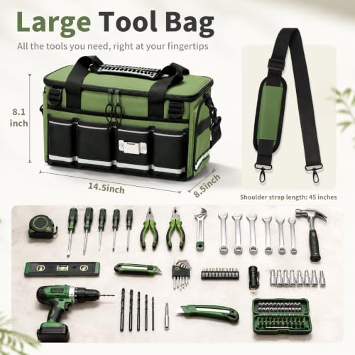 14-Inch Heavy Duty Tool Bag, 17 Pocket Tool Box Organizer - color: Green