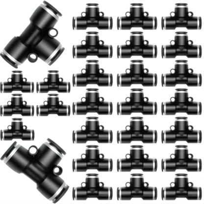 28 Pieces 1/4 Push to Connect Fittings, Plastic Pneumatic Tee Union Fittings T Shaped Quick Connect Air Hose Fittings Air Line Pneumatic Fittings Kit (Black, 1/4 Inch Od)
