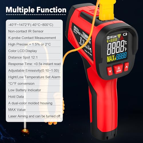 Infrared Thermometer Gun, 1472°F Digital Laser Temperature Gun with Probe