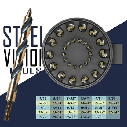 Steel Vision 29pc Hex Hyper-Step Stepped Tip Drill Bit Set - 1/16" to 1/2" Tungsten-Cobalt Alloy Drill Bit, No Pilot Hole Needed, Durable and Precise for Metal Drilling - style: 29pc Hex Stepped Drill