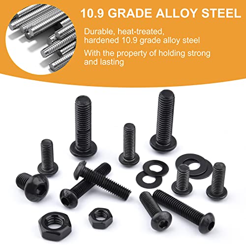 VIGRUE 288PCS M6 M8 Button Head Hex Socket Cap Screws Bolts Nuts Washer Assortment Kit, 10.9 Grade Alloy Steel Black Oxide, Fully Threaded - size: 288PCS M6 M8