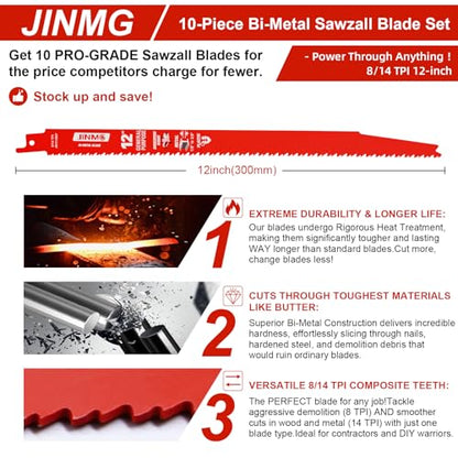 10 Pack 12 Inch 8/14TPI Reciprocating Saw Blades for Diablo Sawzall Blades - size: 12 Inch 8/14TPI