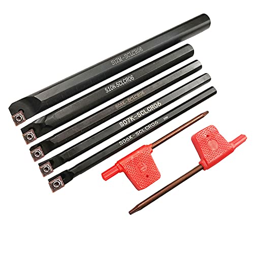 S06K/S07K/S08K/S10K/S12M-SCLCR06 Lathe Indexable Internal Boring Bar Set, Lathe Turning Tools Holder Set with CCMT21.51/CCMT060204 Carbide Indexable Boring Turning Inserts + 5pcs T8 Wrench - color: 5pcs Sclcr06 Boring Bar Set