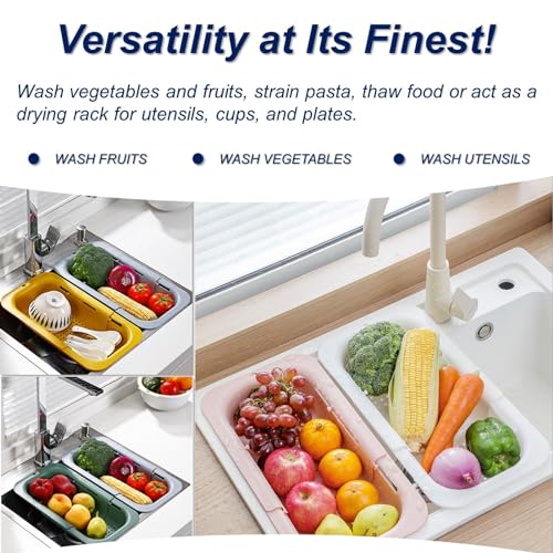 Extendable Sink Colander Strainer Basket - Wash Vegetables and Fruits, Drain Cooked Pasta and Dry Dishes - Adjustable Over the Sink Colander Collapsible Drainer Basket - White - color: White