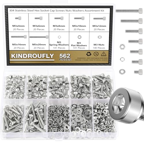 562 Pieces M3 x 4/6 /8/10 /12/16 /20mm Hex Socket Head Cap Screws Nuts Washers Assortment Kit, 304 Stainless Steel, Fully Machine Thread - size: M3, style: Socket Head