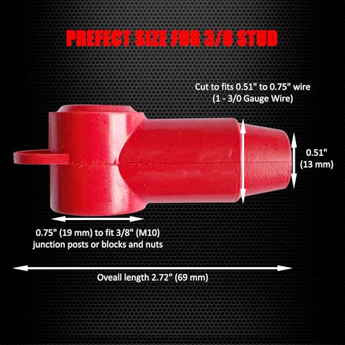 Ampper Silicone 3/8" Stud Terminal Covers Boot Fit 1-3/0 Gauge, Black 12 Pc - color: Black, size: 3/8" Stud L
