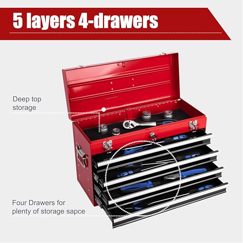 21-inch Portable Metal Tool Box with 4 Drawers, Steel Toolbox with Locking Lid, EVA-Lined Ball-Bearing Slides & Powder-Coated Finish, Top Tool Chest for Mechanic & Craftsman Use, Red + Black - color: Red + Black