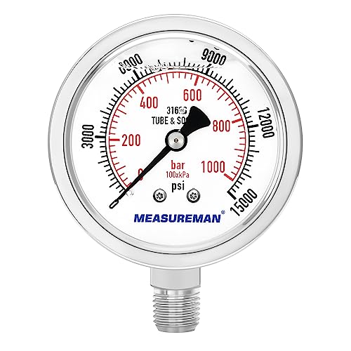 MEASUREMAN Fully Stainless Steel Hydraulic Glycerin Filled Pressure Gauge, 2-1/2" Dial Size,0-15000psi/bar,1/4" NPT Lower Mount - size: 0-15000 psi, style: Lower Mount(100% Stainless Steel)