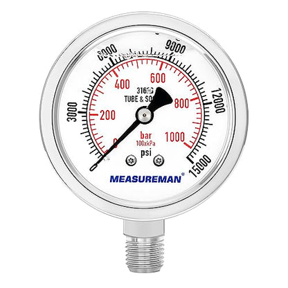MEASUREMAN Fully Stainless Steel Hydraulic Glycerin Filled Pressure Gauge, 2-1/2" Dial Size,0-15000psi/bar,1/4" NPT Lower Mount - size: 0-15000 psi, style: Lower Mount(100% Stainless Steel)