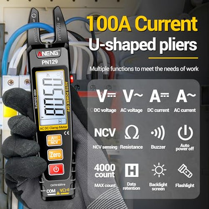 ANENG Clamp Meter Multimeter Tester TRMS 4000 Counts with U-Shaped Jaw,NCV - style: PN129(Normal Version with Test Kit)