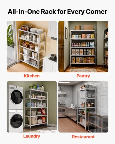 VEVOR Stainless Steel Shelving 48x18.5 Inch 5 Tier Adjustable Shelf Storage Unit Stainless Steel Heavy Duty Shelving for Kitchen Commercial Office Garage Storage 330lb Per Shelf - size: 5Tier 48x18.5x72", style: 5Tier 48x18.5x72"