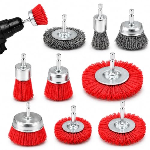 9 Pack Nylon Filament Abrasive Brush Set with 3 Wire Brushes for Drill