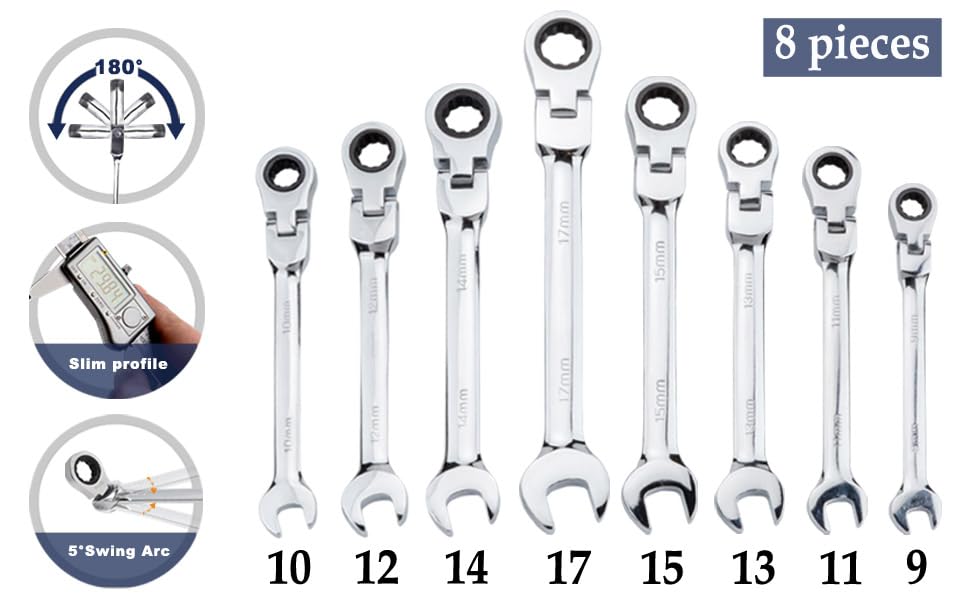 Qnkaa Flexible Ratchet Wrench Set 8pcs 9-17mm Spanner Gear Ring - size: Metric 8pcs