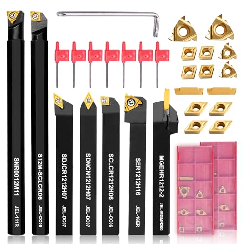 Indexable Lathe Turning Tools 21pcs Kit，1/2'' 12mm Shank - style: 7pcs 1/2" 12mm Shanks +14pcs Inserts