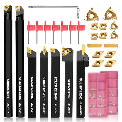 Indexable Lathe Turning Tools 21pcs Kit，1/2'' 12mm Shank - style: 7pcs 1/2" 12mm Shanks +14pcs Inserts