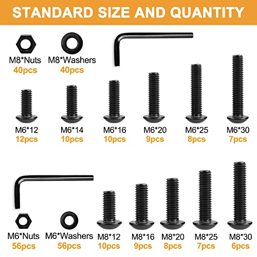 VIGRUE 288PCS M6 M8 Button Head Hex Socket Cap Screws Bolts Nuts Washer Assortment Kit, 10.9 Grade Alloy Steel Black Oxide, Fully Threaded - size: 288PCS M6 M8