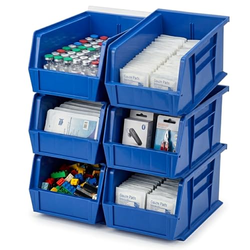 Quantum Storage QUS239 Heavy-Duty Stackable Plastic Storage Bins for Workshop, Warehouse & Garage, Ultra Stack & Hang, 10-3/4" x 8-1/4" x 7", Blue, 6-Pack - color: Blue