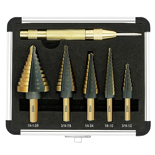 GMTOOLS Step Drill Bit Set - Black and Gold, 6 Pcs High Speed Steel Unibit Drill Bits, Stepped Up Bits & Automatic Center Punch, DIY Lovers with Aluminum Case, Total 50 Sizes for Metal - style: Black and Gold
