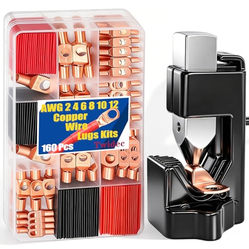 Twidec/160PCS Battery Cable Ends AWG 2 4 6 8 10 12 Gauge Copper Cable Wire Lugs,Ring Terminals Connectors,Copper Ring Terminals Connectors and Hammer Lug Crimper Tool 8 AWG to 0000 AWG - color: 161PCS
